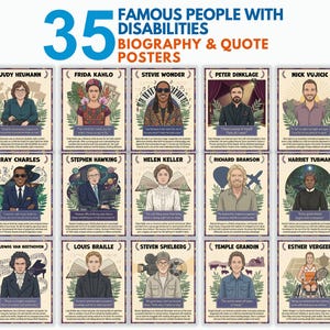 May include: A collection of 15 biography and quote posters featuring famous people with disabilities. The posters have a cream background with a purple border and include portraits of Judy Heumann, Frida Kahlo, Stevie Wonder, and others. The text "35 Famous People with Disabilities" is at the top.