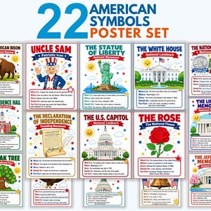 May include: A 22 American Symbols poster set featuring educational illustrations of national icons including the Statue of Liberty, the White House, the U.S. Capitol, the American Bison, the Liberty Bell, and the Declaration of Independence with text.