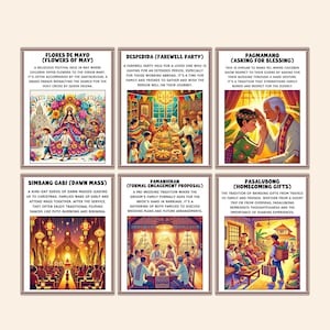 May include: Six framed illustrations depicting Filipino traditions. They include Flores de Mayo, a religious festival; Despedida, a farewell party; Pagmamano, asking for a blessing; Simbang Gabi, dawn mass; Pamamanhikan, engagement proposal; and Pasalubong, homecoming gifts.