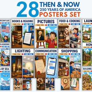 May include: A set of 28 posters titled 28 Then & Now 250 Years of America, featuring side-by-side illustrations comparing historical life in 1776 with modern life in 2026 across various themes like travel, communication, food, and technology.