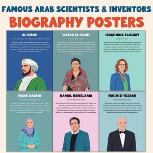 May include: A poster featuring six biographies of famous Arab scientists and inventors. The poster includes the names Al-Kindi, Wafaa El-Sadr, Ismahane Elouafi, Rana Dajani, Kamal Benslama, and Rachid Yazami, with illustrations and brief descriptions.