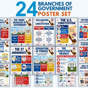 May include: A set of 24 educational posters titled 24 Branches of Government Poster Set. Each poster features colorful illustrations, text about U.S. government structures, the Constitution, and historical documents, accented by a cartoon bald eagle.