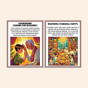 May include: Two framed illustrations depict Filipino traditions. One shows a child receiving a blessing, the other a farewell party. Text in the frames describes the traditions of Pagmamano and Despedida, highlighting family bonds and respect.