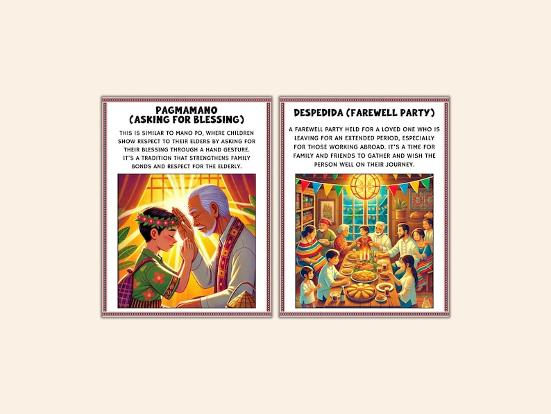 May include: Two framed illustrations depict Filipino traditions. One shows a child receiving a blessing, the other a farewell party. Text in the frames describes the traditions of Pagmamano and Despedida, highlighting family bonds and respect.