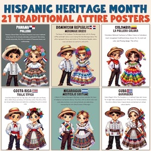 Puede incluir: Un conjunto de carteles titulado "Mes de la Herencia Hispana: 21 carteles de trajes tradicionales". Cada cartel presenta ilustraciones de trajes tradicionales de Panam&aacute;, Rep&uacute;blica Dominicana, Colombia, Costa Rica, Nicaragua y Cuba. Los carteles incluyen texto que describe cada atuendo.