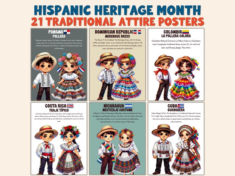 Puede incluir: Un conjunto de carteles titulado "Mes de la Herencia Hispana: 21 carteles de trajes tradicionales". Cada cartel presenta ilustraciones de trajes tradicionales de Panam&aacute;, Rep&uacute;blica Dominicana, Colombia, Costa Rica, Nicaragua y Cuba. Los carteles incluyen texto que describe cada atuendo.