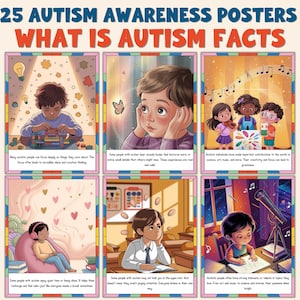 Puede incluir: Un conjunto de seis carteles ilustrados con el texto "25 Carteles de Concienciación sobre el Autismo ¿Qué son los hechos sobre el autismo?" Cada cartel presenta una escena diferente con niños y texto sobre el autismo. Los carteles están enmarcados con bordes coloridos.