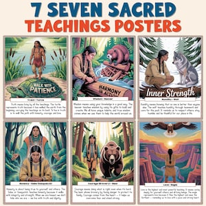 May include: Set of seven posters featuring Native American teachings. Each poster has an illustration and text. Themes include truth, wisdom, inner strength, honesty, courage, and love. The posters have a colorful, illustrated design with text in a bold font.