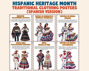 Hispanic Heritage Month Traditional Clothing Posters | Latin American Attire | Cultural Dress Wall Art | Classroom Decor | SPANISH Version