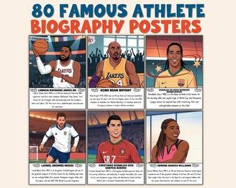 May include: A poster featuring illustrations of six famous athletes: LeBron James, Kobe Bryant, Ronaldinho, Lionel Messi, Cristiano Ronaldo, and Serena Williams. The poster's title reads "80 Famous Athlete Biography Posters" in large, colorful text.