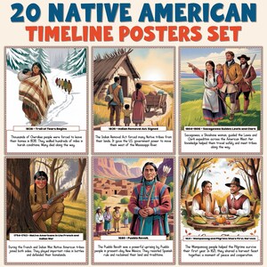 May include: A set of 20 Native American timeline posters. Each poster features illustrations and text describing historical events, including the Trail of Tears, the Indian Removal Act, and the Lewis and Clark expedition.