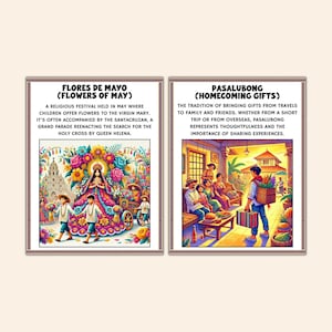 May include: Two framed illustrations. The left depicts a religious festival with text "Flores de Mayo (Flowers of May)". The right shows a family scene with text "Pasalubong (Homecoming Gifts)". Both feature colorful artwork.