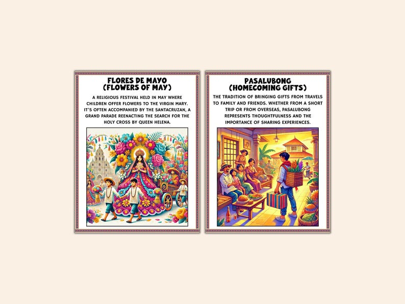 May include: Two framed illustrations. The left depicts a religious festival with text "Flores de Mayo (Flowers of May)". The right shows a family scene with text "Pasalubong (Homecoming Gifts)". Both feature colorful artwork.