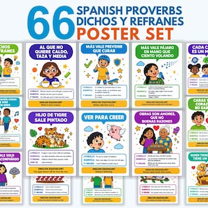 May include: A set of 66 educational posters titled 66 Spanish Proverbs Dichos y Refranes Poster Set. Each poster features colourful cartoon illustrations, a Spanish proverb, its literal translation, meaning, and an English equivalent phrase.