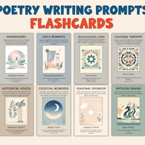 May include: A set of eight flashcards with poetry writing prompts. Each card features a different theme, including Dreamscapes, Life's Moments, and Mythical Realms. The cards have a soft color palette with illustrations and text.