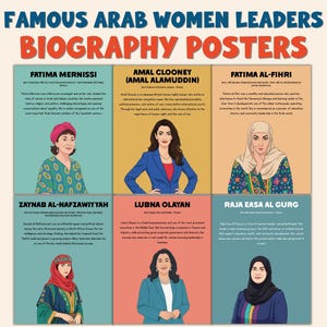 May include: A poster featuring illustrations of six famous Arab women leaders. The poster includes the text "FAMOUS ARAB WOMEN LEADERS BIOGRAPHY POSTERS" at the top. Each woman is depicted with a portrait and a brief biography.