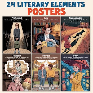 Könnte beinhalten: Ein Posterset mit dem Titel "24 Literarische Elemente Poster" zeigt farbenfrohe Illustrationen. Jedes Poster definiert ein literarisches Element, wie "Protagonist", "Ton" und "Vorausschau", mit begleitenden Bildern. Die Poster sind für Bildungszwecke konzipiert.
