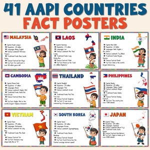 Könnte beinhalten: Ein Satz von Lehrplakaten mit dem Titel "41 AAPI Countries Fact Posters". Jedes Poster zeigt die Flagge eines Landes, eine Kartenkontur und ein Kind, das die Flagge hält. Die Poster enthalten Fakten über Malaysia, Laos, Indien, Kambodscha, Thailand, Philippinen, Vietnam, Südkorea und Japan.
