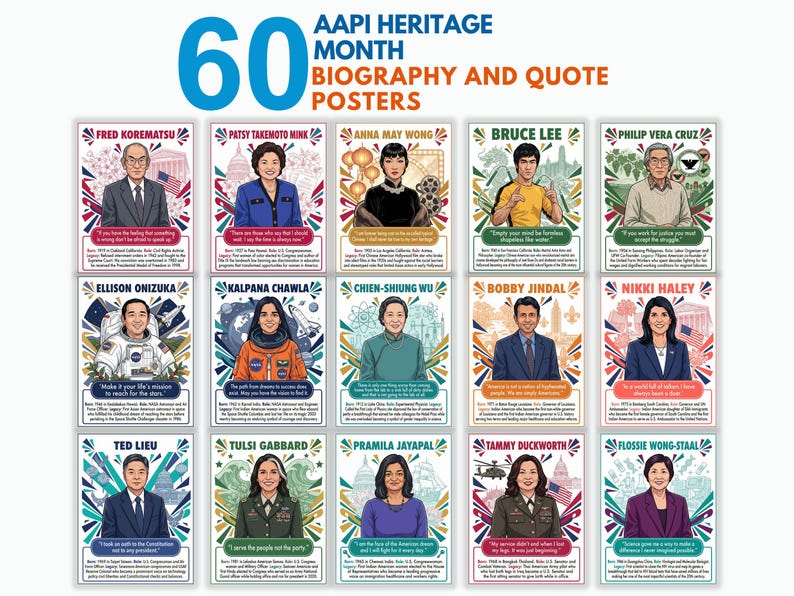AAPI Heritage Month Poster Set, 60 Asian American Biography and Quote ...