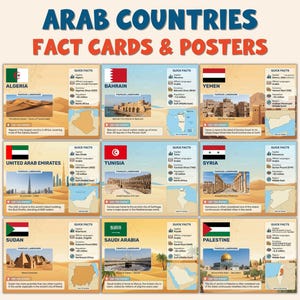 May include: A collection of fact cards and posters titled "Arab Countries." Each card features a country's flag, a map, and information about the country, including its capital, official languages, and famous landmarks.