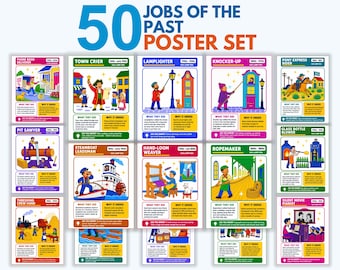 Jobs of the Past Posters, 50 Printable Obsolete Jobs Timeline, Then and Now History Classroom Decor, Social Studies Bulletin Board PDF