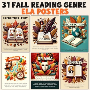 31 Fall Reading Genre Posters for ELA Fiction & Nonfiction Genres Bulletin Board Classroom Decor, Literacy Centers Library Wall Autumn Theme