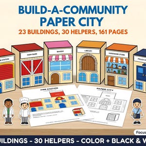Puede incluir: Un set Build-A-Community Paper City con 23 edificios, 30 ayudantes y 161 páginas. El conjunto incluye modelos de papel en 3D coloridos de una estación de bomberos, granero, panadería, biblioteca, ferretería y comisaría, además de plantillas.