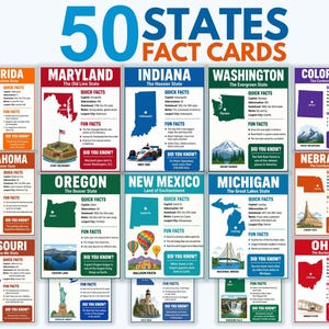 Peut inclure: Une collection de 50 cartes d'information sur les États avec des cartes colorées, les capitales, les dates d'adhésion, les devises et des faits amusants. Chaque carte présente des illustrations de monuments comme l'arche Gateway.