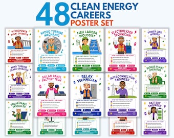 Clean Energy Careers Posters, 48 Green Jobs Poster Set for Kids, Earth Day Classroom Decor, STEM Career Bulletin Board, Printable PDF