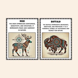 May include: Two framed art prints featuring stylized animal illustrations. One depicts a deer with geometric patterns and the text "DEER". The other shows a buffalo with similar patterns and the text "BUFFALO". Both prints have decorative borders.