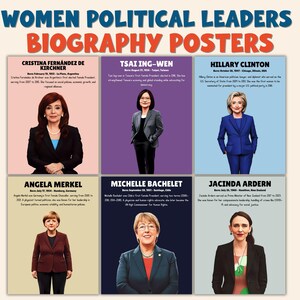 May include: A poster titled "Women Political Leaders Biography Posters" featuring portraits of six female leaders: Cristina Fernández de Kirchner, Tsai Ing-wen, Hillary Clinton, Angela Merkel, Michelle Bachelet, and Jacinda Ardern. Each portrait is accompanied by biographical information.