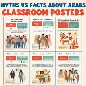 May include: A set of classroom posters titled "Myths vs Facts About Arabs." The posters feature colorful graphics and text, addressing common misconceptions. The top banner reads "MYTHS VS FACTS ABOUT ARABS CLASSROOM POSTERS."