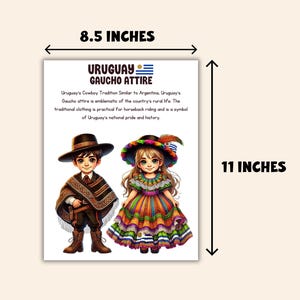 Puede incluir: Una impresi&oacute;n que representa la vestimenta gaucha uruguaya, con el texto "URUGUAY GAUCHO ATTIRE". La impresi&oacute;n mide aproximadamente 21,6 cm de ancho y 27,9 cm de alto. La imagen muestra a un ni&ntilde;o y una ni&ntilde;a con ropa tradicional.