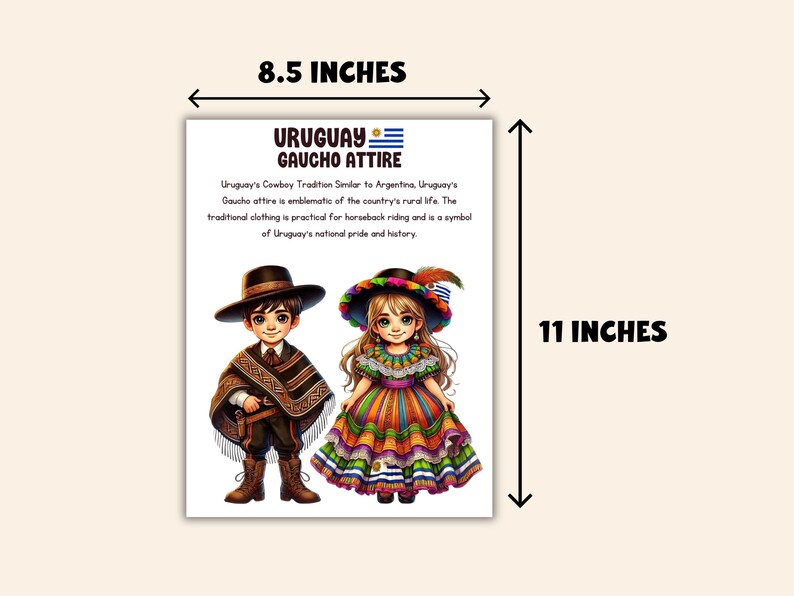 Puede incluir: Una impresi&oacute;n que representa la vestimenta gaucha uruguaya, con el texto "URUGUAY GAUCHO ATTIRE". La impresi&oacute;n mide aproximadamente 21,6 cm de ancho y 27,9 cm de alto. La imagen muestra a un ni&ntilde;o y una ni&ntilde;a con ropa tradicional.