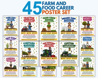 Farm Careers Posters for Kids, 45 Green Farming Jobs Poster Set, Classroom Bulletin Board Decor, Earth Day Ag Day Homeschool Printable PDF