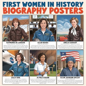 May include: A poster titled "FIRST WOMEN IN HISTORY BIOGRAPHY POSTERS" features six portraits. Raymonde de Laroche, Ellen Ochoa, Amelia Earhart, Sally Ride, Althea Gibson, and Ellen Johnson Sirleaf are depicted. Each portrait is accompanied by a brief biography.