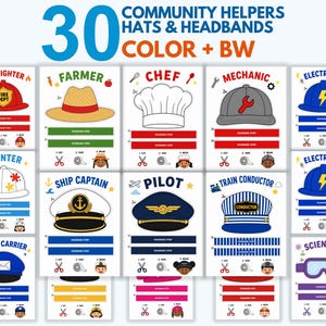May include: A printable set of 30 community helper hats and headbands in color and black and white. The collection features illustrations of various professional headgear including a firefighter helmet, chef hat, pilot cap, and scientist goggles.