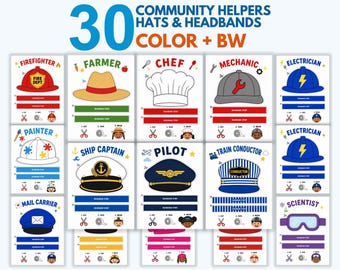 Community Helpers Hats Printable, Paper Hat Craft for Kids, 30 Career Day Headbands, Preschool Kindergarten Dress Up, Dramatic Play Coloring
