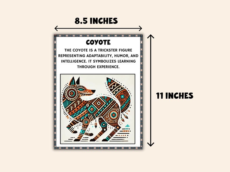 May include: An 8.5 x 11 inch framed print featuring a stylized coyote illustration. The coyote is depicted in shades of teal, brown, and orange with geometric patterns. Text at the top reads "COYOTE". The print's border has a decorative pattern.