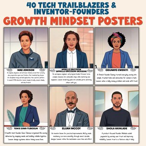 May include: A poster titled "40 Tech Trailblazers & Inventor-Founders Growth Mindset Posters" features six illustrated portraits of diverse individuals. Each portrait is accompanied by the person's name and a brief description of their achievements. The poster is designed with a light beige background.