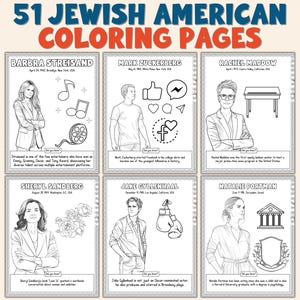 Könnte beinhalten: Ein Malbuchcover mit dem Titel "51 Jewish American Coloring Pages" in Blau und Rot. Das Buch zeigt Schwarz-Weiß-Illustrationen berühmter jüdischer Amerikaner, darunter Barbra Streisand, Mark Zuckerberg und Rachel Maddow.