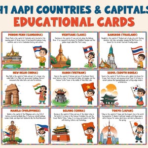 May include: Educational cards featuring 41 AAPI countries and capitals. Each card includes a country's capital city, a brief description, and an illustration of a landmark and a child holding the country's flag. The cards are designed for educational purposes.