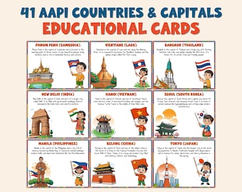 AAPI Countries & Capitals Posters 41 Asian Pacific Nation Decor for Geography Bulletin Boards and Cultural Classroom Displays, Flags Posters