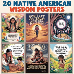 May include: A set of 20 Native American Wisdom Posters. Each poster features illustrations and quotes. The posters have a warm colour palette with images of Native American people, landscapes, and symbols. The text includes quotes about life and nature.
