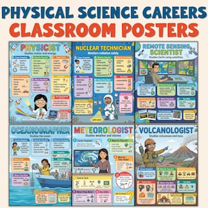 May include: Classroom posters with the text "PHYSICAL SCIENCE CAREERS CLASSROOM POSTERS". The posters depict various science careers, including Physicist, Nuclear Technician, Remote Sensing Scientist, Oceanographer, Meteorologist, and Volcanologist.