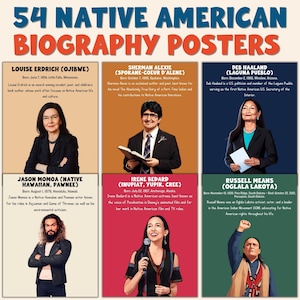 May include: A poster series titled "54 Native American Biography Posters" features portraits of notable figures. The top banner displays the title in blue and orange. Each portrait is set against a colored background, with names and brief biographies below.