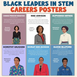 Peut inclure: Une série d'affiches intitulée "Black Leaders in STEM Careers" présente des portraits de six personnalités noires éminentes dans les domaines des sciences, de la technologie, de l'ingénierie et des mathématiques. Chaque portrait est accompagné de son nom, de son titre et d'une brève description de ses réalisations.