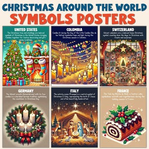 May include: A poster set titled "Christmas Around the World Symbols Posters." Each poster features a different country's Christmas symbols, including a decorated tree, candles, an Advent calendar, a wreath, a nativity scene, and a Yule log.