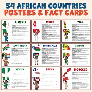 May include: Educational poster set titled "54 African Countries Posters & Fact Cards." Each card features a country's flag, map outline, and a child holding the flag. The poster has a light beige background with colorful text.