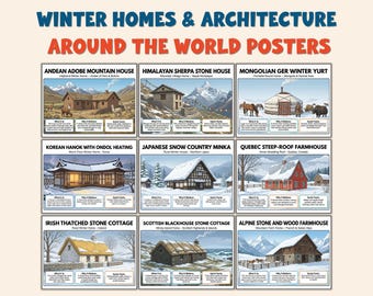 May include: A poster featuring illustrations of winter homes from around the world. The poster includes images of Andean Adobe Mountain House, Himalayan Sherpa Stone House, Mongolian Ger Winter Yurt, Korean Hanok, Japanese Snow Country Minka, and others.